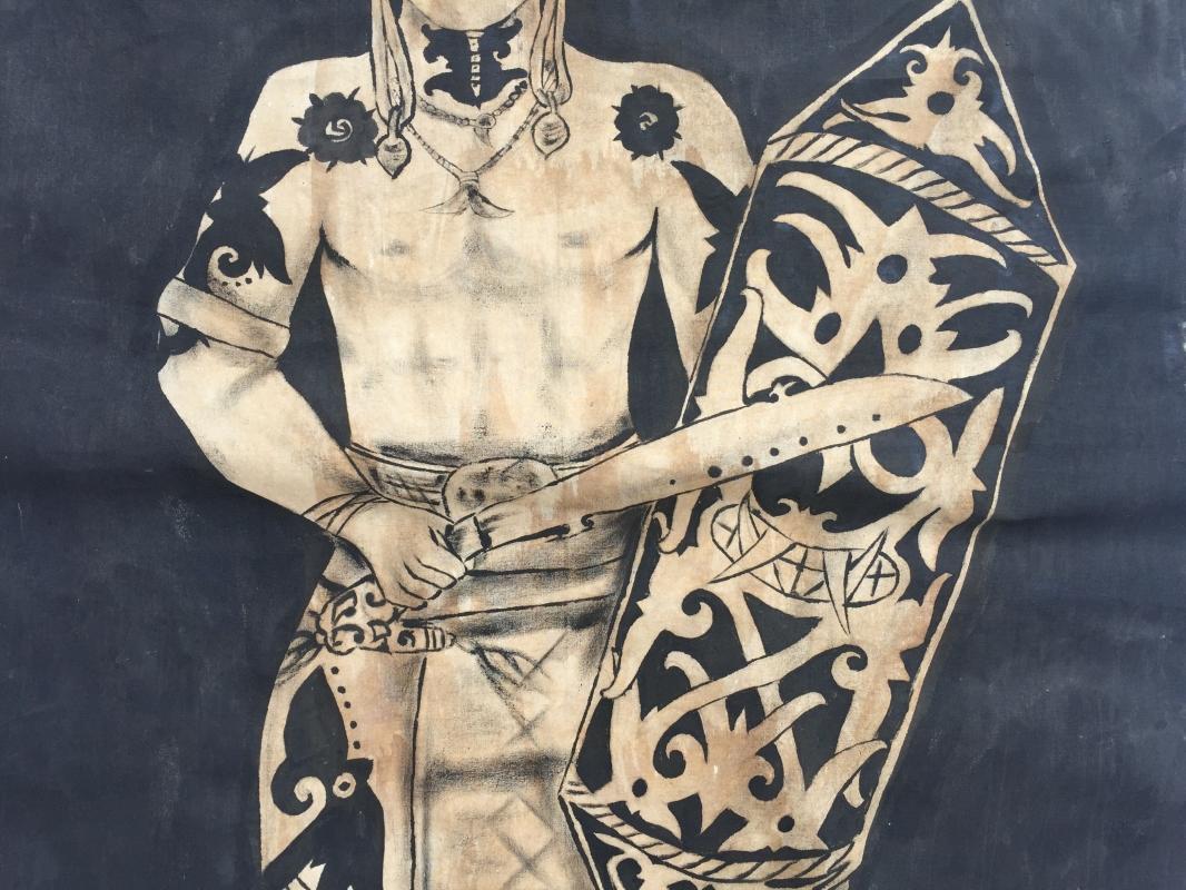 #1 OIL PAINTING: DAYAK HUNTER FIGURE Sculpture Drawing On Canvas Borneo Native