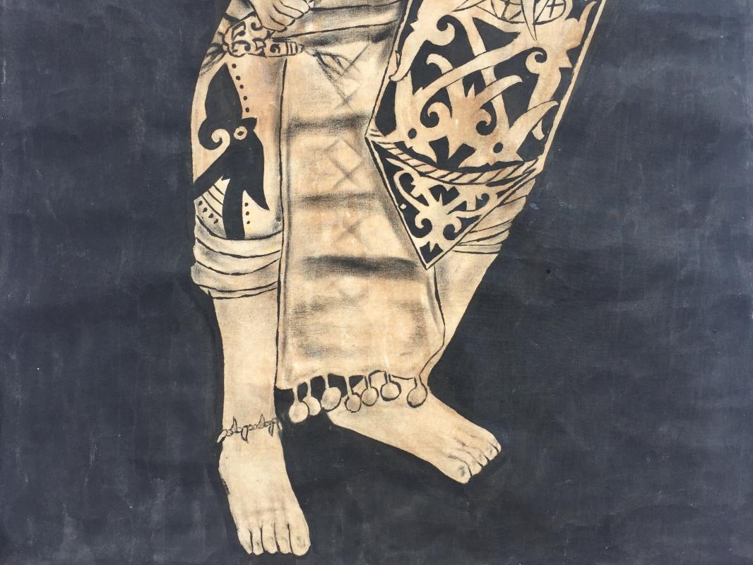 #1 OIL PAINTING: DAYAK HUNTER FIGURE Sculpture Drawing On Canvas Borneo Native