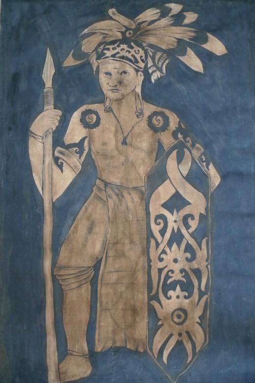 #2 OIL PAINTING: DAYAK HUNTER FIGURE Sculpture Drawing On Canvas Borneo Tribe