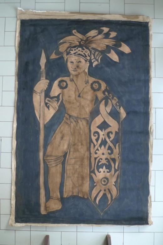#2 OIL PAINTING: DAYAK HUNTER FIGURE Sculpture Drawing On Canvas Borneo Tribe