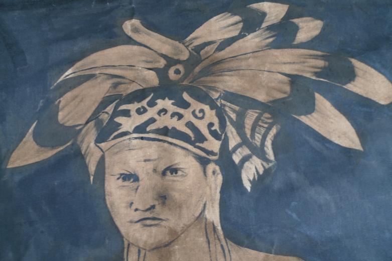 #2 OIL PAINTING: DAYAK HUNTER FIGURE Sculpture Drawing On Canvas Borneo Tribe
