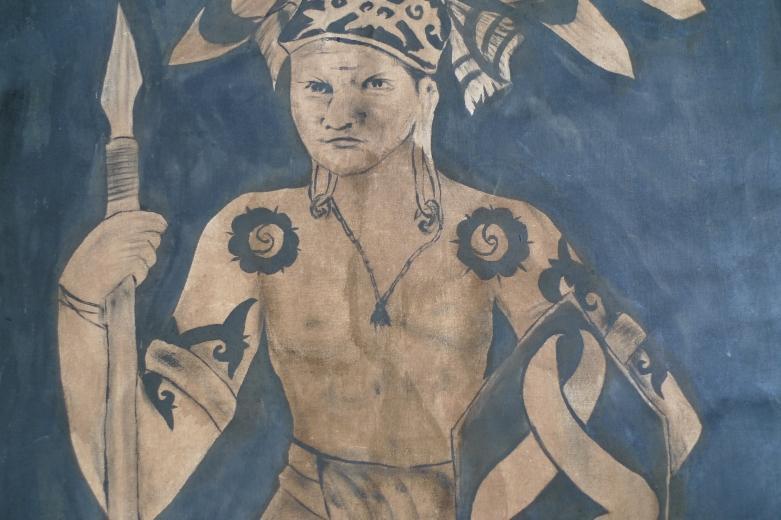 #2 OIL PAINTING: DAYAK HUNTER FIGURE Sculpture Drawing On Canvas Borneo Tribe
