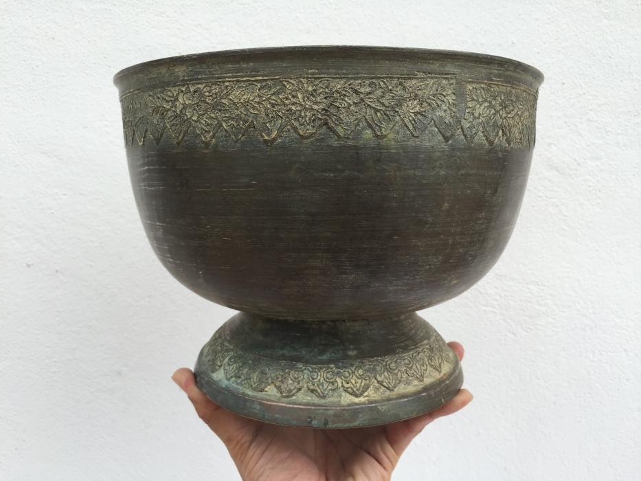 ANTIQUE BRASS BOWL 255mm Xxxl Cup Sulang Vintage Hand-forged Asian Pedestal