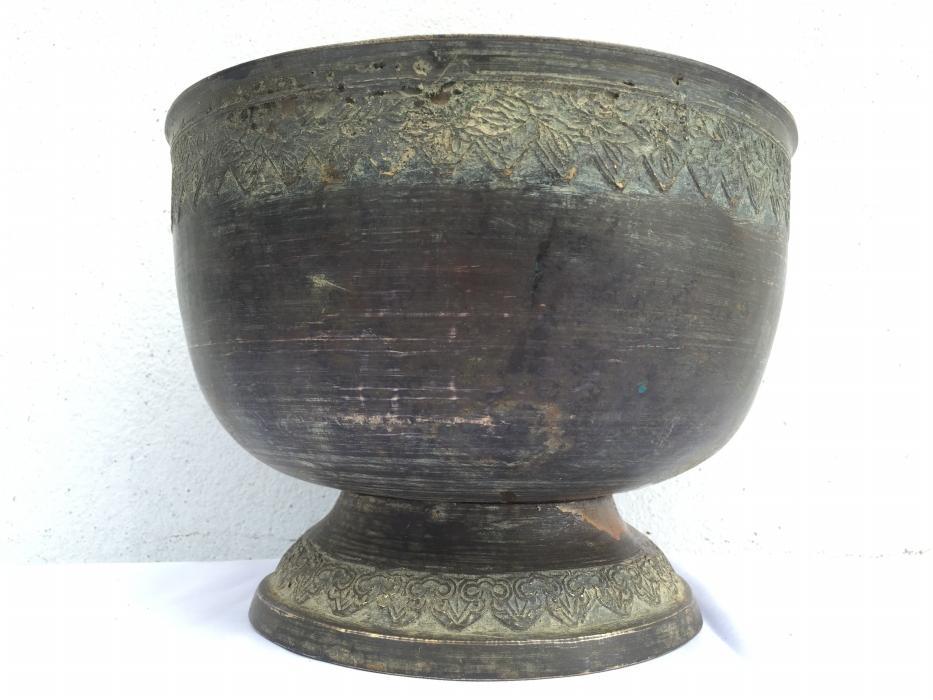 ANTIQUE BRASS BOWL 255mm Xxxl Cup Sulang Vintage Hand-forged Asian Pedestal