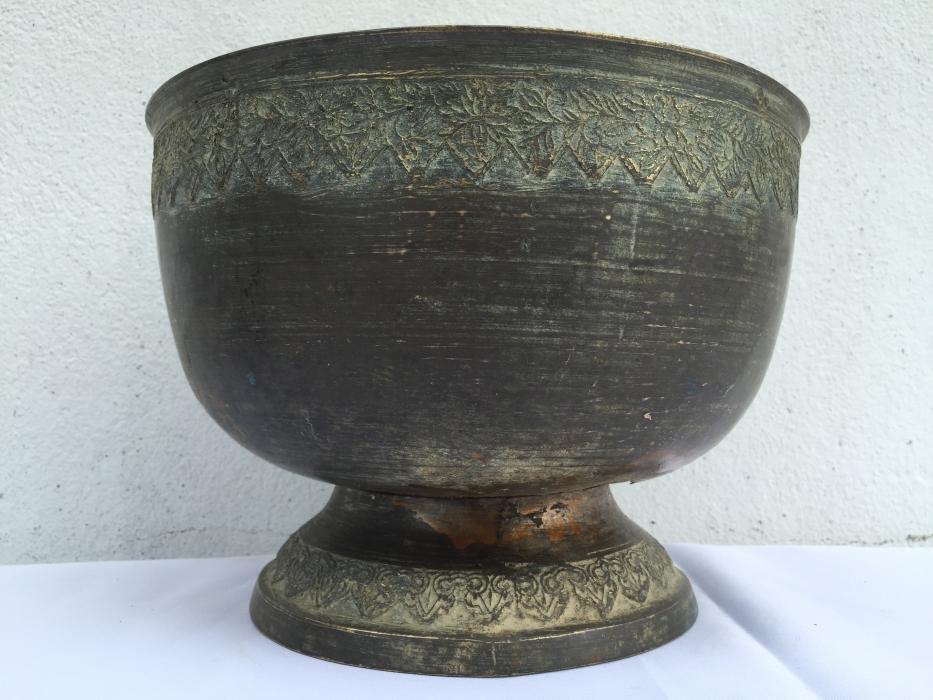ANTIQUE BRASS BOWL 255mm Xxxl Cup Sulang Vintage Hand-forged Asian Pedestal