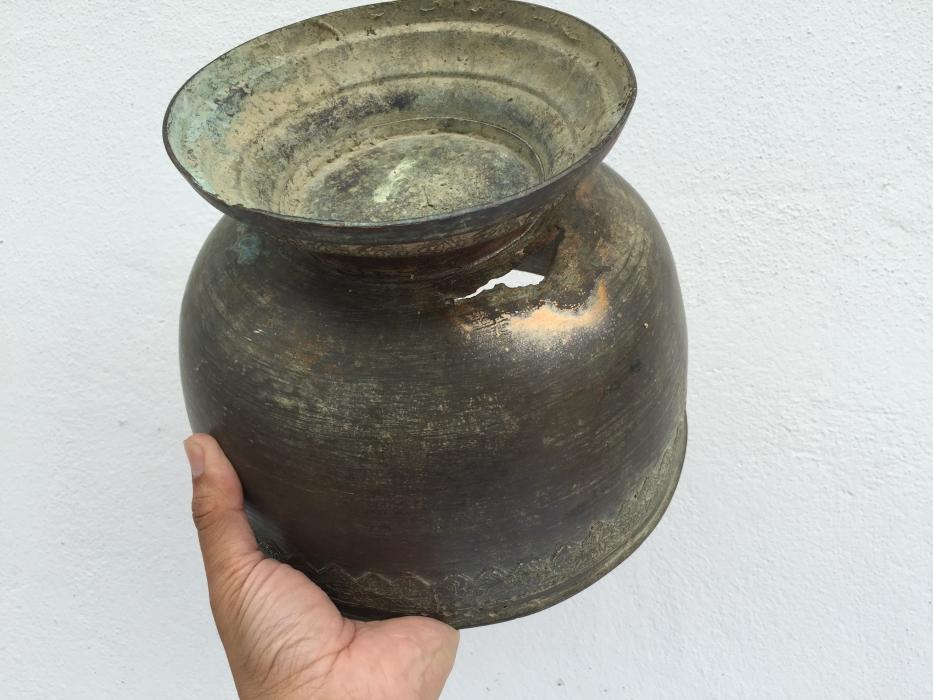 ANTIQUE BRASS BOWL 255mm Xxxl Cup Sulang Vintage Hand-forged Asian Pedestal
