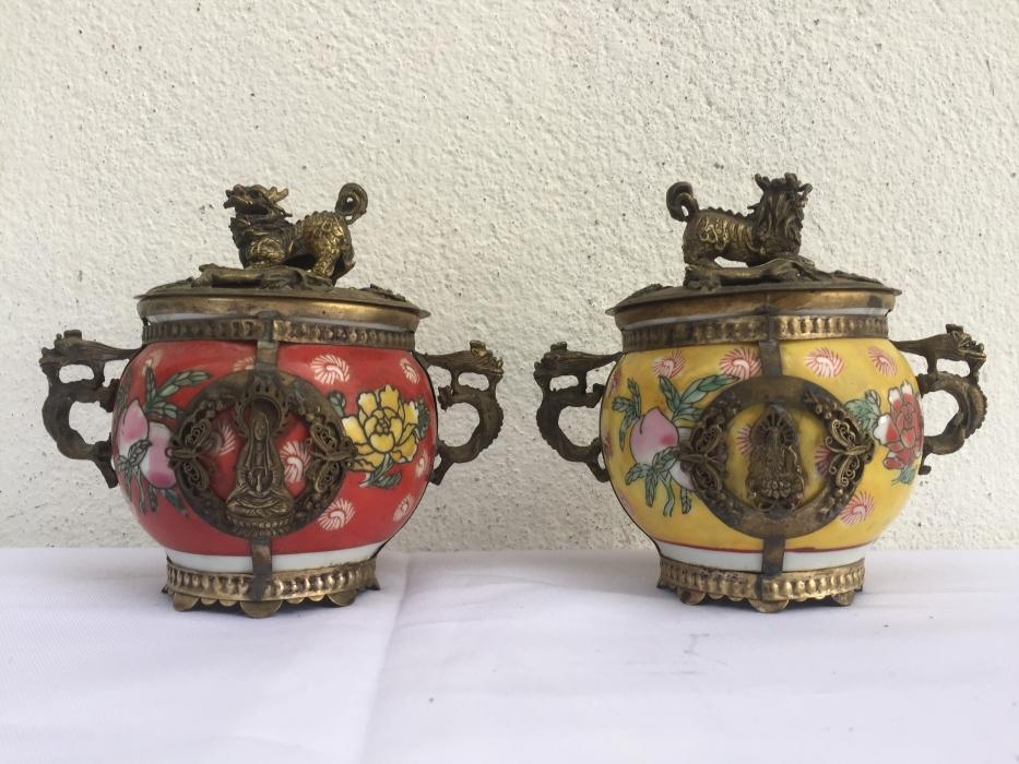 ONE PAIR BUDDHIST Feng Shui Box Ceramic Brass Dragon Foo Dog