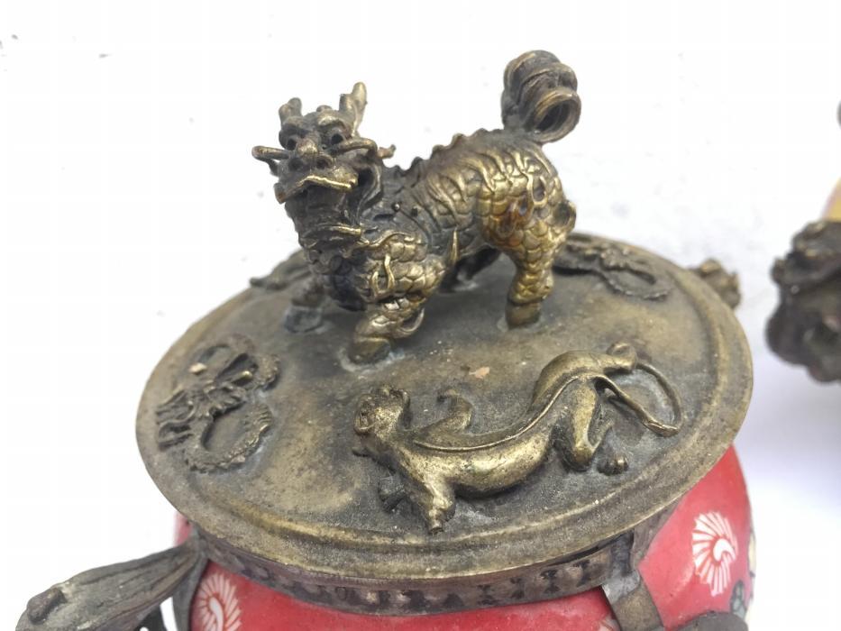 ONE PAIR BUDDHIST Feng Shui Box Ceramic Brass Dragon Foo Dog