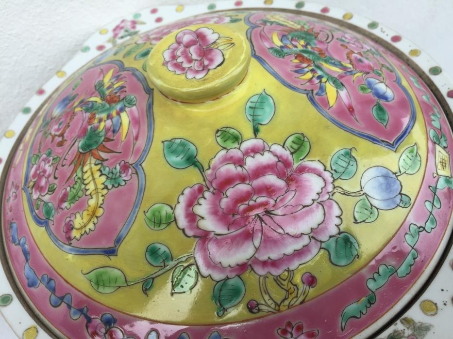 YELLOW NYONYA SOUP BOWL Chinese Wedding Ware / Food Serving Jar Porcelain Peonies