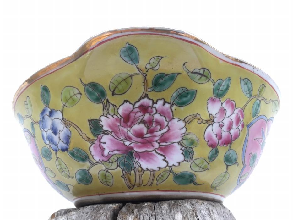 YELLOW NYONYA SOUP BOWL Chinese Wedding Ware / Food Serving Jar Porcelain Peonies