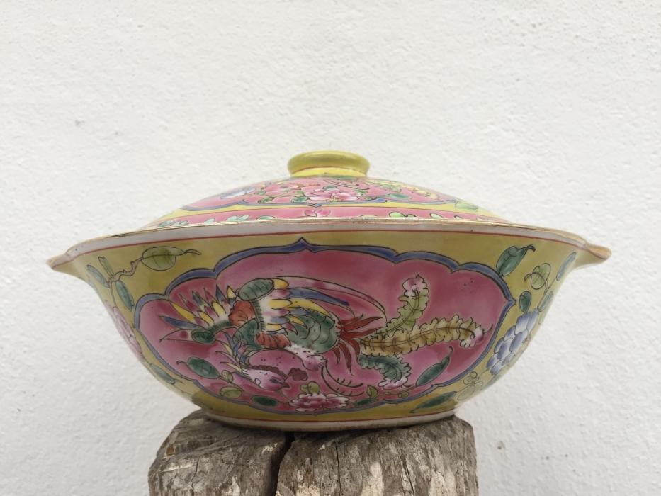 YELLOW NYONYA SOUP BOWL Chinese Wedding Ware / Food Serving Jar Porcelain Peonies