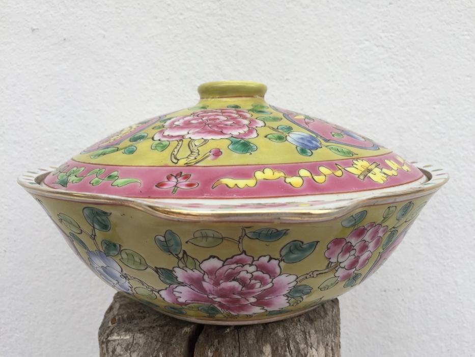 YELLOW NYONYA SOUP BOWL Chinese Wedding Ware / Food Serving Jar Porcelain Peonies