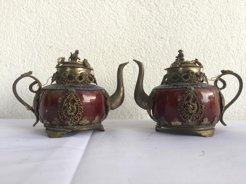 ONE PAIR Chinese Teapot Gem Jade Feng Shui Dragon Tea Jar Kitchen Ware