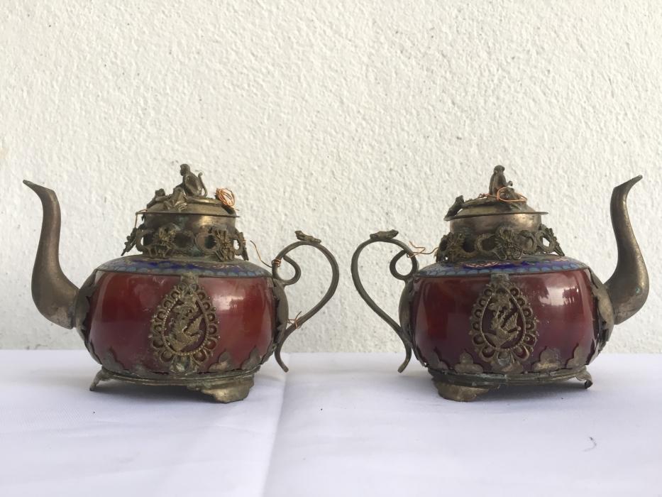ONE PAIR Chinese Teapot Gem Jade Feng Shui Dragon Tea Jar Kitchen Ware