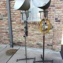 VERY RARE! PAIR OF VINTAGE PHOTOGENIC MACHINE CO. INDUSTRIAL MACHINE AGE STEAM PUNK MID-CENTURY MODERN ADJUSTABLE FLOOR LAMPS FLOODLIGHTS MODEL LIGHT ON IRON WHEEL BASE CASTERS