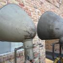 VERY RARE! PAIR OF VINTAGE PHOTOGENIC MACHINE CO. INDUSTRIAL MACHINE AGE STEAM PUNK MID-CENTURY MODERN ADJUSTABLE FLOOR LAMPS FLOODLIGHTS MODEL LIGHT ON IRON WHEEL BASE CASTERS