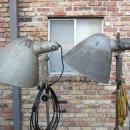 VERY RARE! PAIR OF VINTAGE PHOTOGENIC MACHINE CO. INDUSTRIAL MACHINE AGE STEAM PUNK MID-CENTURY MODERN ADJUSTABLE FLOOR LAMPS FLOODLIGHTS MODEL LIGHT ON IRON WHEEL BASE CASTERS