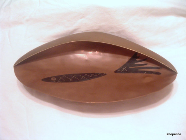 vintage mexican LOS CASTILLO Copper Brass Sterling FISH BOWL Tray TAXCO, signed