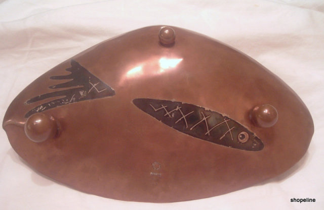 vintage mexican LOS CASTILLO Copper Brass Sterling FISH BOWL Tray TAXCO, signed