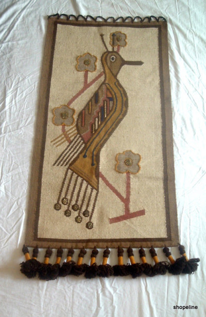 50's vintage Folklore OLGA FISCH Wall Hanging PEACOCK Bird woven TAPESTRY - eames era