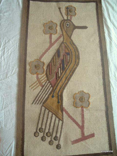 50's vintage Folklore OLGA FISCH Wall Hanging PEACOCK Bird woven TAPESTRY - eames era