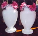 Pr. art glass vases w/ pink edging