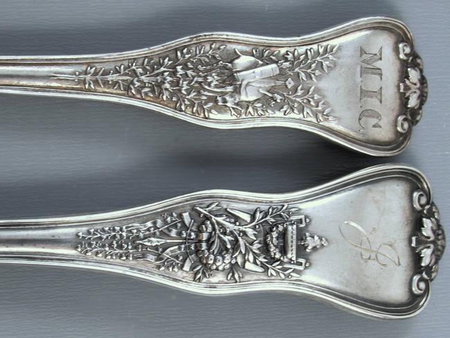 Antique Tiffany and Company Patent 1878 Olympian Victorian sterling silver dinner fork and matching tea spoon