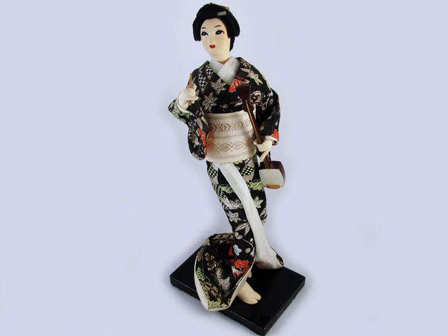 Vintage mid century silk cloth Japanese Geisha doll / 11 inch / Asian / Oriental / Japan / lute / obi / kimono / figurine