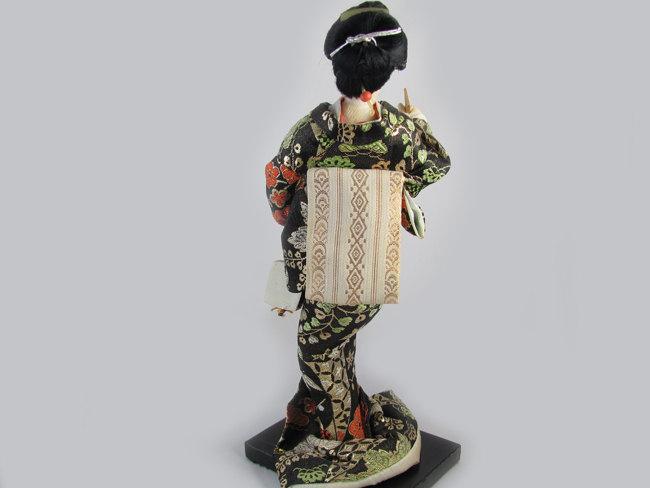 Vintage mid century silk cloth Japanese Geisha doll / 11 inch / Asian / Oriental / Japan / lute / obi / kimono / figurine