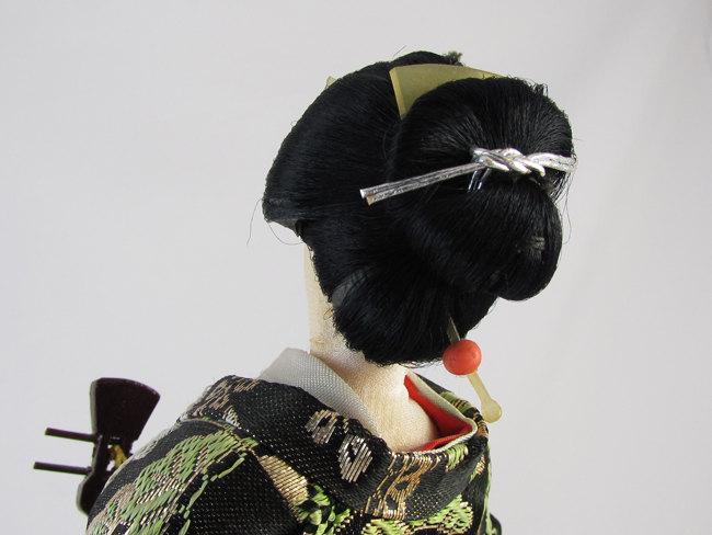 Vintage mid century silk cloth Japanese Geisha doll / 11 inch / Asian / Oriental / Japan / lute / obi / kimono / figurine