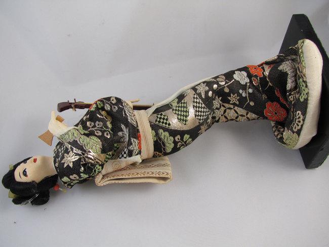 Vintage mid century silk cloth Japanese Geisha doll / 11 inch / Asian / Oriental / Japan / lute / obi / kimono / figurine