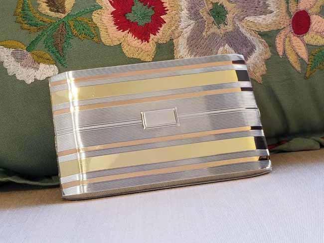 5.6 ounce Vintage Art Deco signed Napier sterling silver 14K rose and yellow gold cigarette case, tobacciana, smoking, business card case