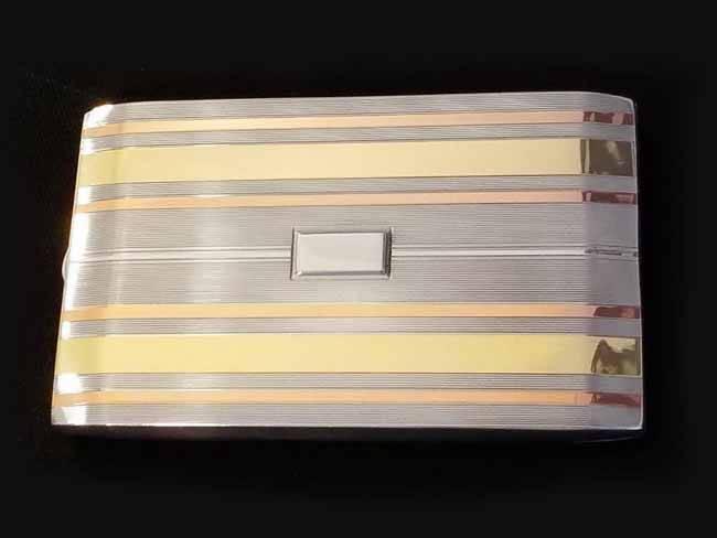 5.6 ounce Vintage Art Deco signed Napier sterling silver 14K rose and yellow gold cigarette case, tobacciana, smoking, business card case