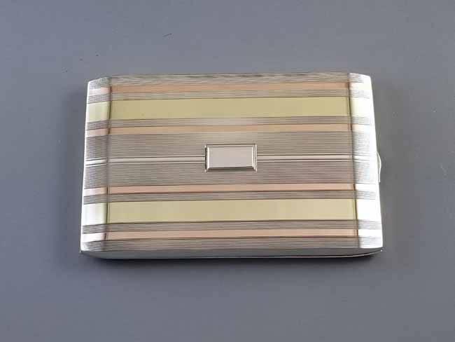 5.6 ounce Vintage Art Deco signed Napier sterling silver 14K rose and yellow gold cigarette case, tobacciana, smoking, business card case