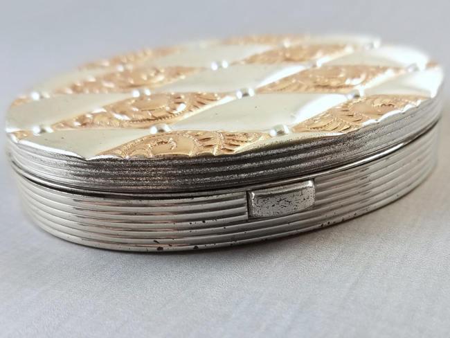Vintage Art Deco 1940 patent date sterling silver and rose gold quilted pattern mirrored compact signed Evans