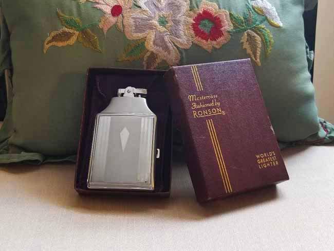 Cigarette case lighter Ronson chrome vintage Art Deco unused, new old stock, nos, tobacciana, smoking, collectibles, man cave