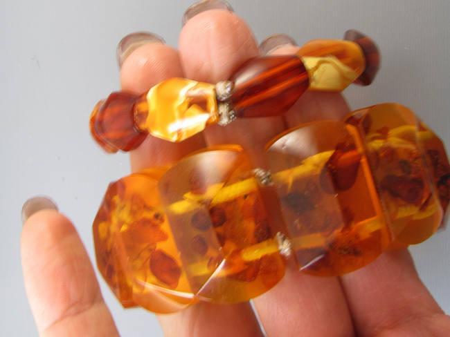 Pair of vintage Art Deco geometric faceted Baltic amber stretch expansion cuff bracelets