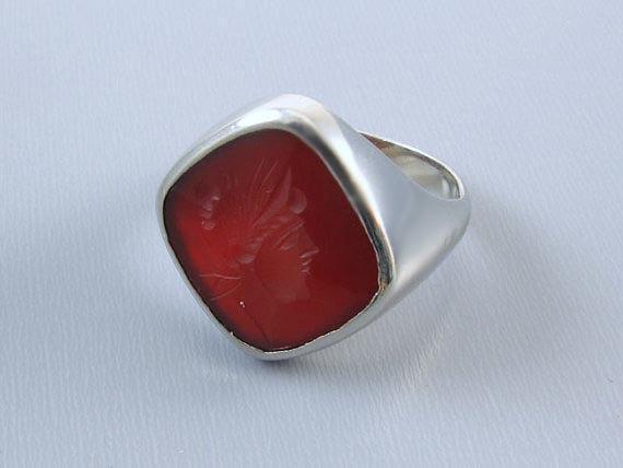 Mans vintage Art Deco 14k white gold carnelian intaglio seal ring, size 10