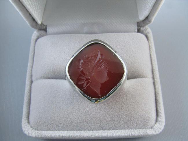Mans vintage Art Deco 14k white gold carnelian intaglio seal ring, size 10