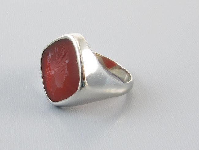 Mans vintage Art Deco 14k white gold carnelian intaglio seal ring, size 10