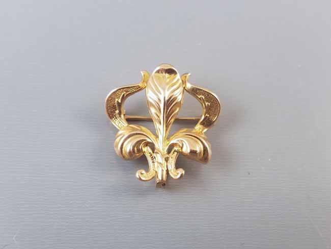 Antique Art Nouveau 14k gold iris flower fleur de lis brooch pin, watch pin, lapel pin, signed Champenois