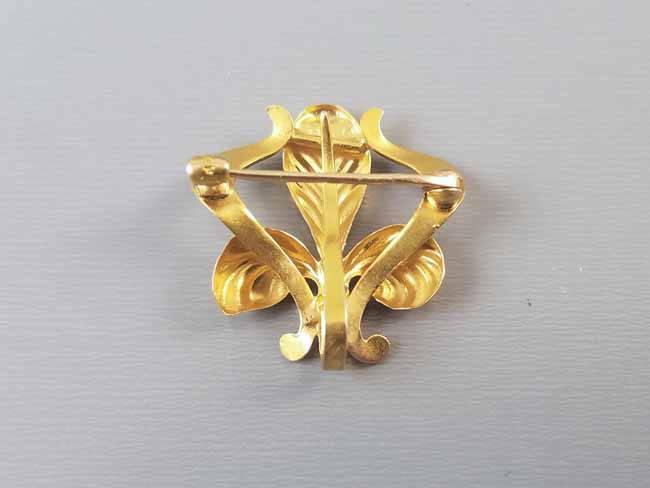 Antique Art Nouveau 14k gold iris flower fleur de lis brooch pin, watch pin, lapel pin, signed Champenois