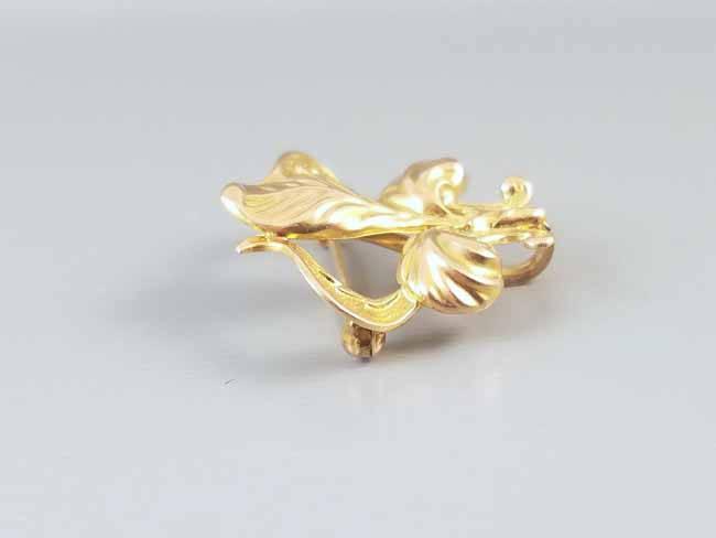 Antique Art Nouveau 14k gold iris flower fleur de lis brooch pin, watch pin, lapel pin, signed Champenois