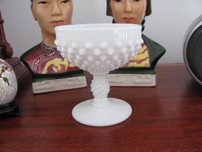 Vintage white milk glass hobnail footed compote bowl mid century / shabby chic / vintage decor / candy dish / nut dish