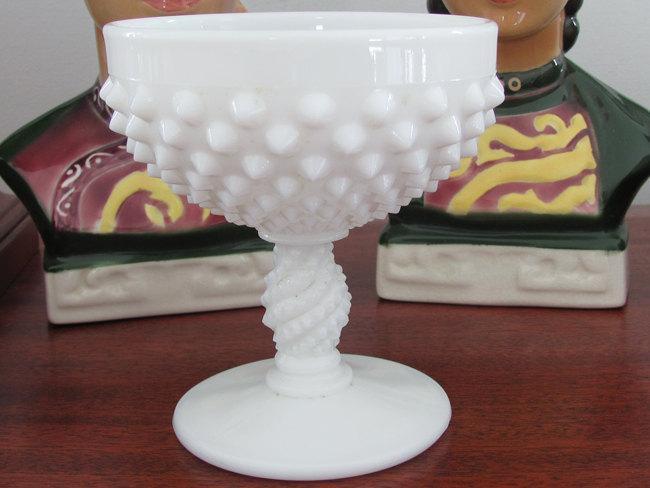 Vintage white milk glass hobnail footed compote bowl mid century / shabby chic / vintage decor / candy dish / nut dish