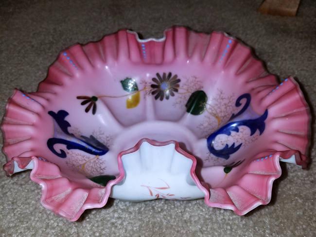 Antique Edwardian pink and white frosted satin art glass fluted scalloped ruffled hand painted large bowl / brides basket