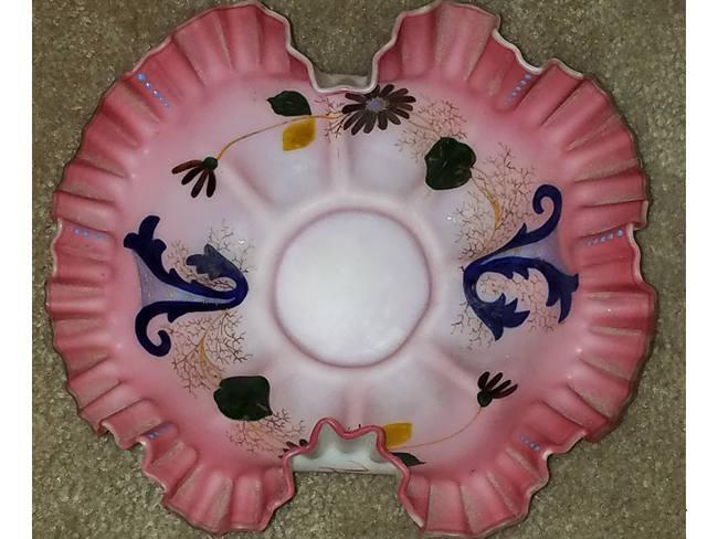 Antique Edwardian pink and white frosted satin art glass fluted scalloped ruffled hand painted large bowl / brides basket