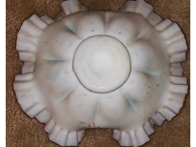 Antique Edwardian pink and white frosted satin art glass fluted scalloped ruffled hand painted large bowl / brides basket