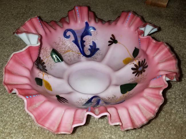 Antique Edwardian pink and white frosted satin art glass fluted scalloped ruffled hand painted large bowl / brides basket