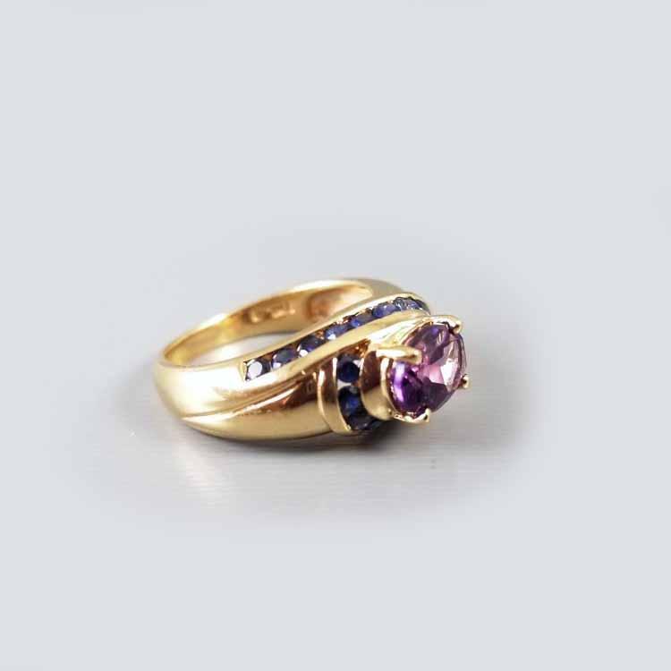 Modern estate 14k gold amethyst and channel set blue sapphire swirl cocktail ring, size 6